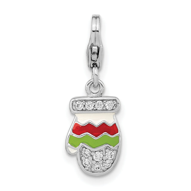 Sterling Silver Mitten Charm Pendant with Cubic Zirconia, Red and Green Enamel, Holiday Theme