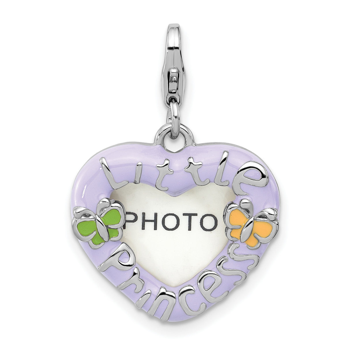 Sterling Silver Heart Photo Charm with Lavender Enamel and Butterfly Accents, Little Princess Design