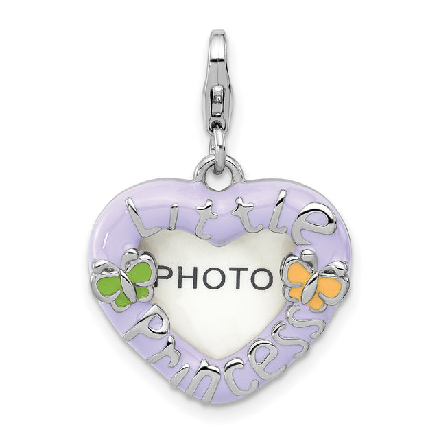 Sterling Silver Heart Photo Charm with Lavender Enamel and Butterfly Accents, Little Princess Design