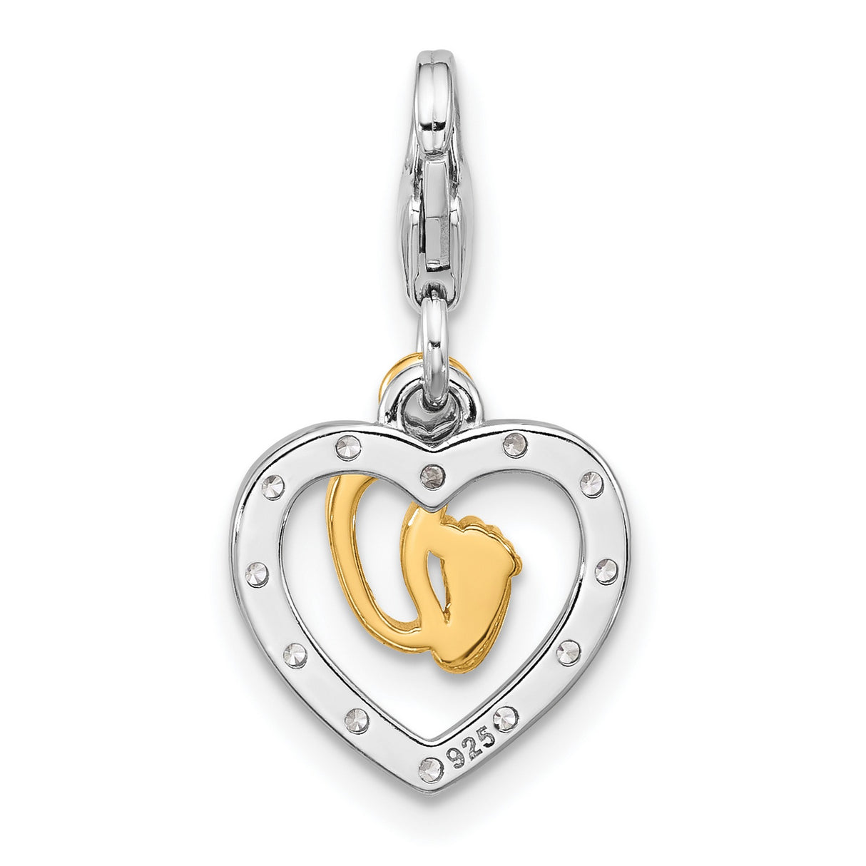Sterling Silver Heart Pendant with Gold-Plated Baby Footprints and Cubic Zirconia Accent