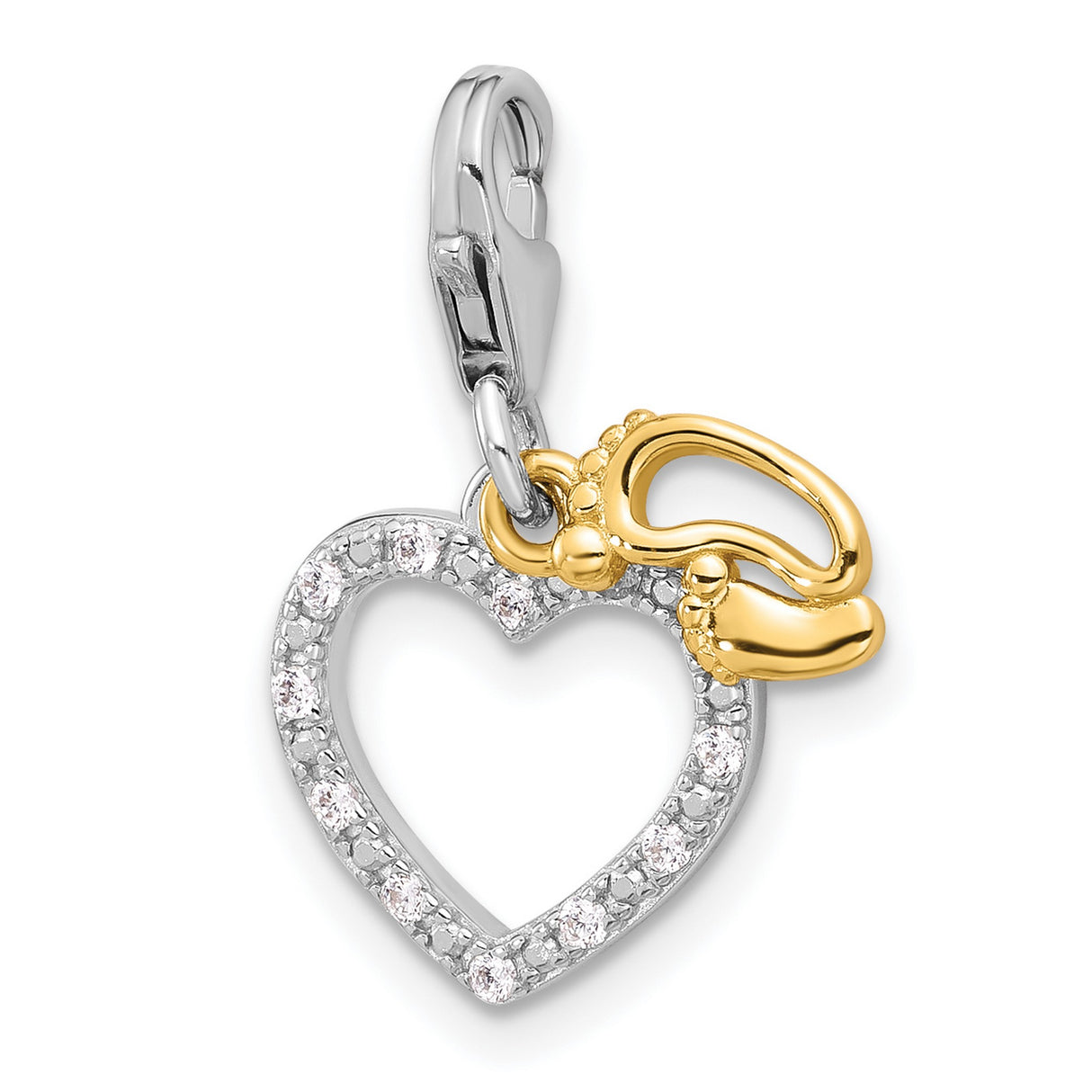 Sterling Silver Heart Pendant with Gold-Plated Baby Footprints and Cubic Zirconia Accent