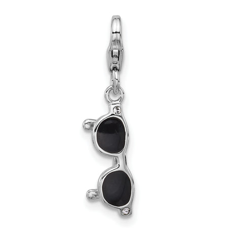 Sterling Silver Sunglasses Charm Pendant with Black Enamel and Cubic Zirconia Accents