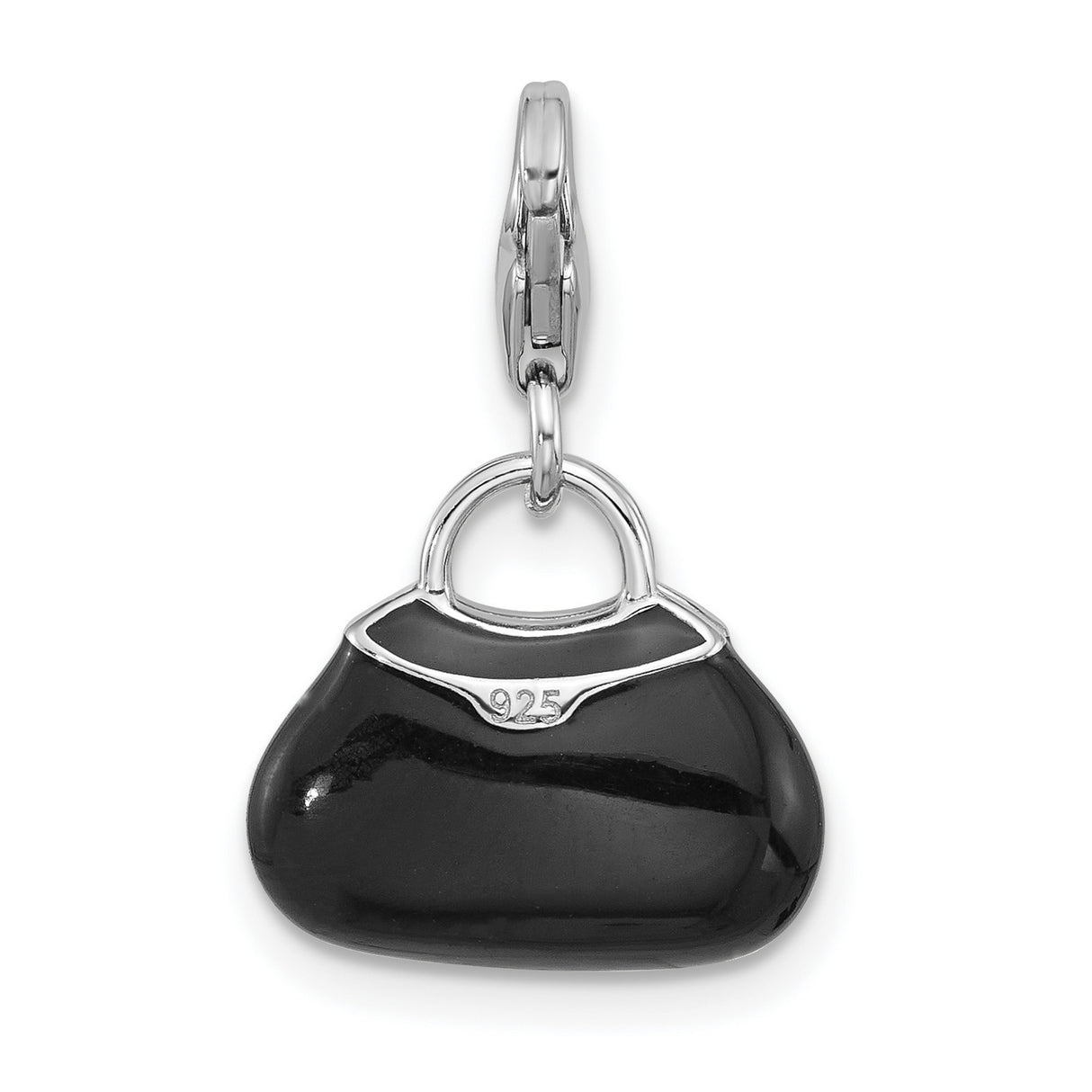 Sterling Silver Purse Charm Pendant with Crystal, Black Enamel Floral Design, Lobster Clasp