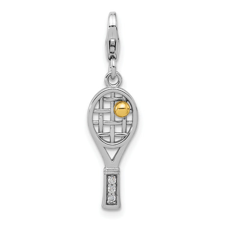 Sterling Silver Tennis Racquet Charm with Cubic Zirconia and Yellow Accent Ball