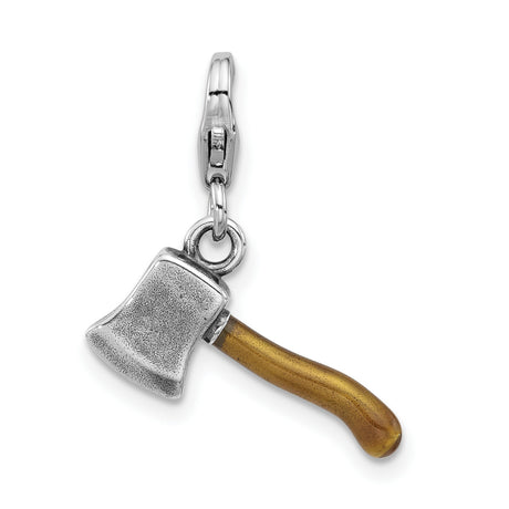 Sterling Silver Axe Pendant with Wood-Tone Enamel Handle, Outdoorsman Charm Design