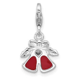 Sterling Silver Christmas Bell Charm with Red Enamel, Holly Leaves, Bow, Lobster Clasp