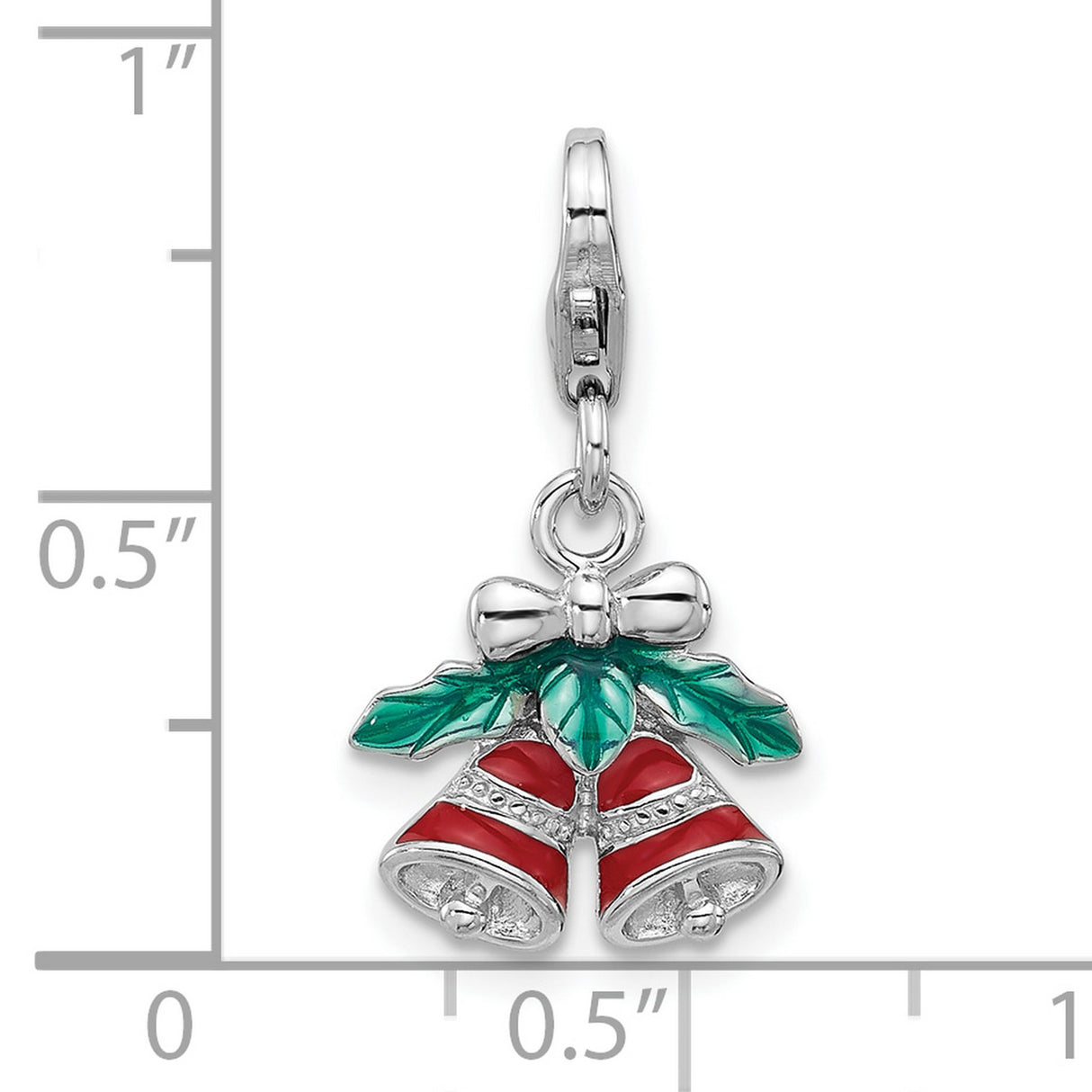 Sterling Silver Christmas Bell Charm with Red Enamel, Holly Leaves, Bow, Lobster Clasp