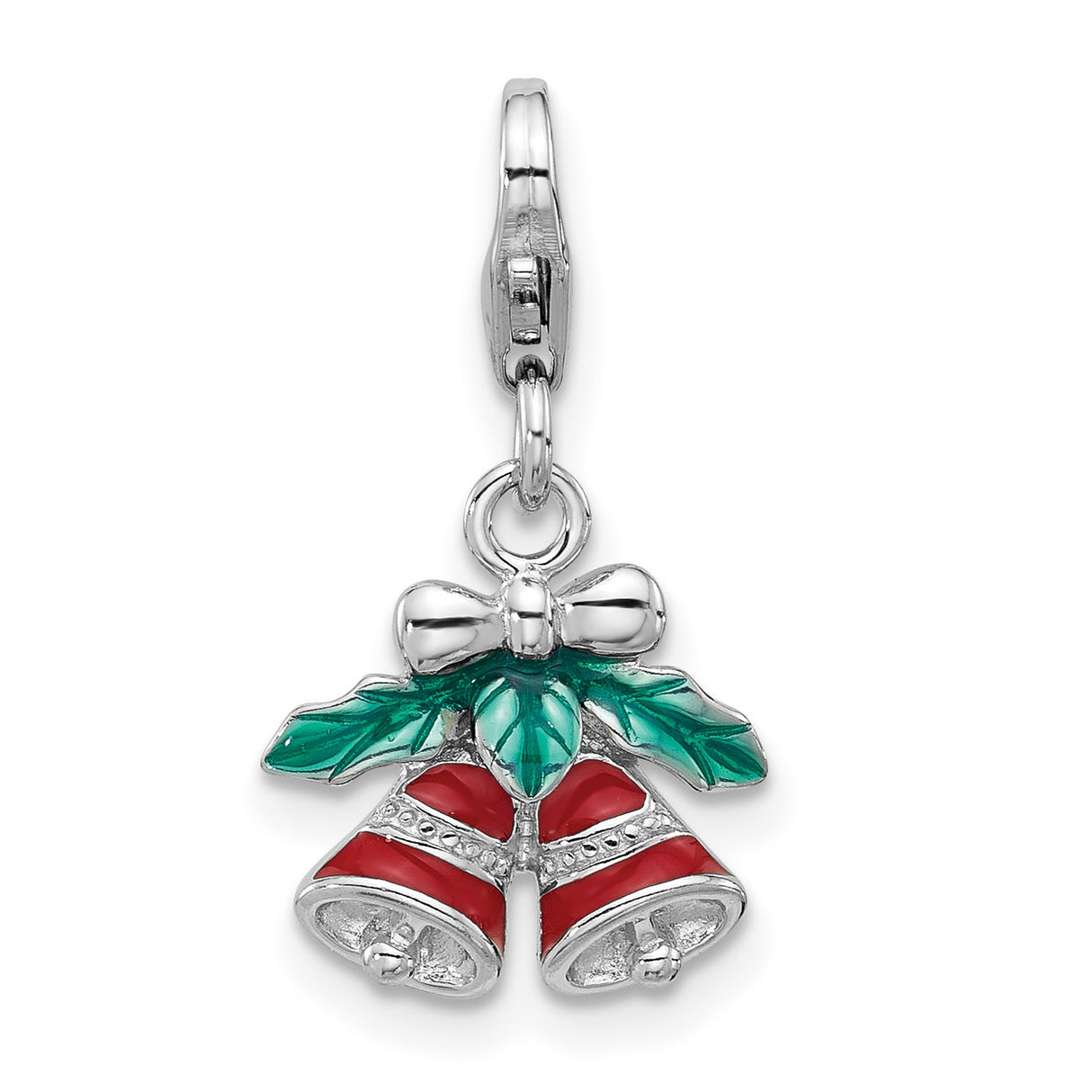 Sterling Silver Christmas Bell Charm with Red Enamel, Holly Leaves, Bow, Lobster Clasp