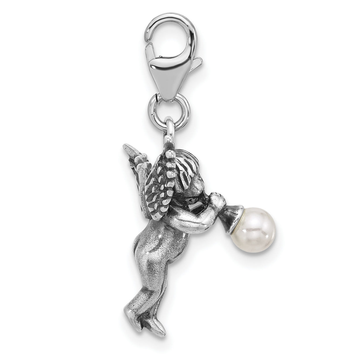 Antiqued 3-D Shell Pearl Angel Charm Pendant in Real 925 Sterling Silver