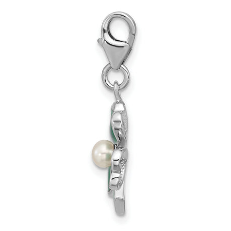 Sterling Silver Four Leaf Clover Pendant with Green Enamel and Pearl Accent