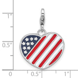 Sterling Silver Heart Shaped American Flag Charm Pendant with Red White Blue Enamel