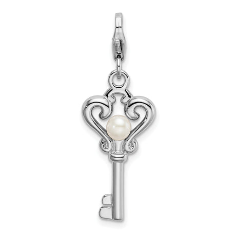 Sterling Silver Heart Key Pendant with White Pearl, Vintage Inspired Romantic Jewelry for Women