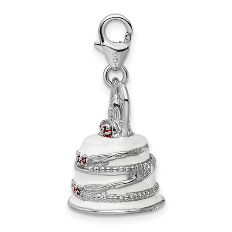 Sterling Silver Wedding Cake Charm Pendant with Bride and Groom and Heart Details