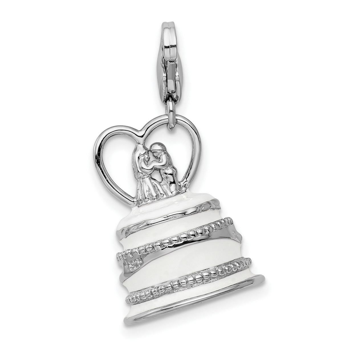Sterling Silver Wedding Cake Charm Pendant with Bride and Groom and Heart Details