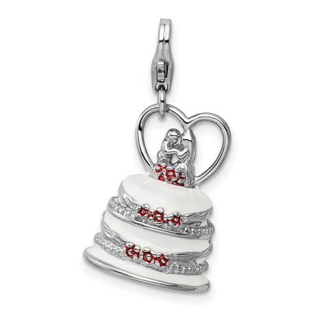 Sterling Silver Wedding Cake Charm Pendant with Bride and Groom and Heart Details