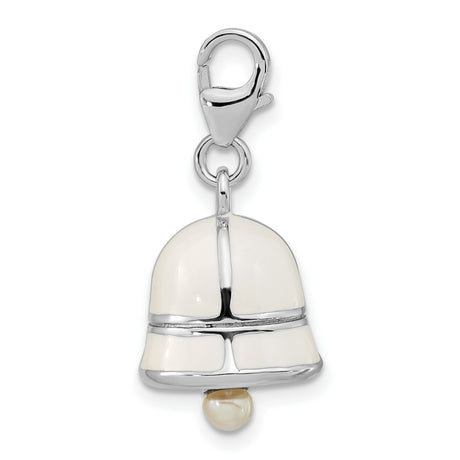 Sterling Silver Bell Charm Pendant with White Enamel and Pearl, Spiritual Holiday Jewelry