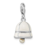 White Wedding Bell Clip-On With Pearl Clapper Charm Pendant in Real 925 Sterling Silver