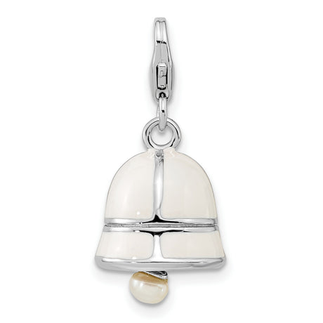 Sterling Silver Bell Charm Pendant with White Enamel and Pearl, Spiritual Holiday Jewelry