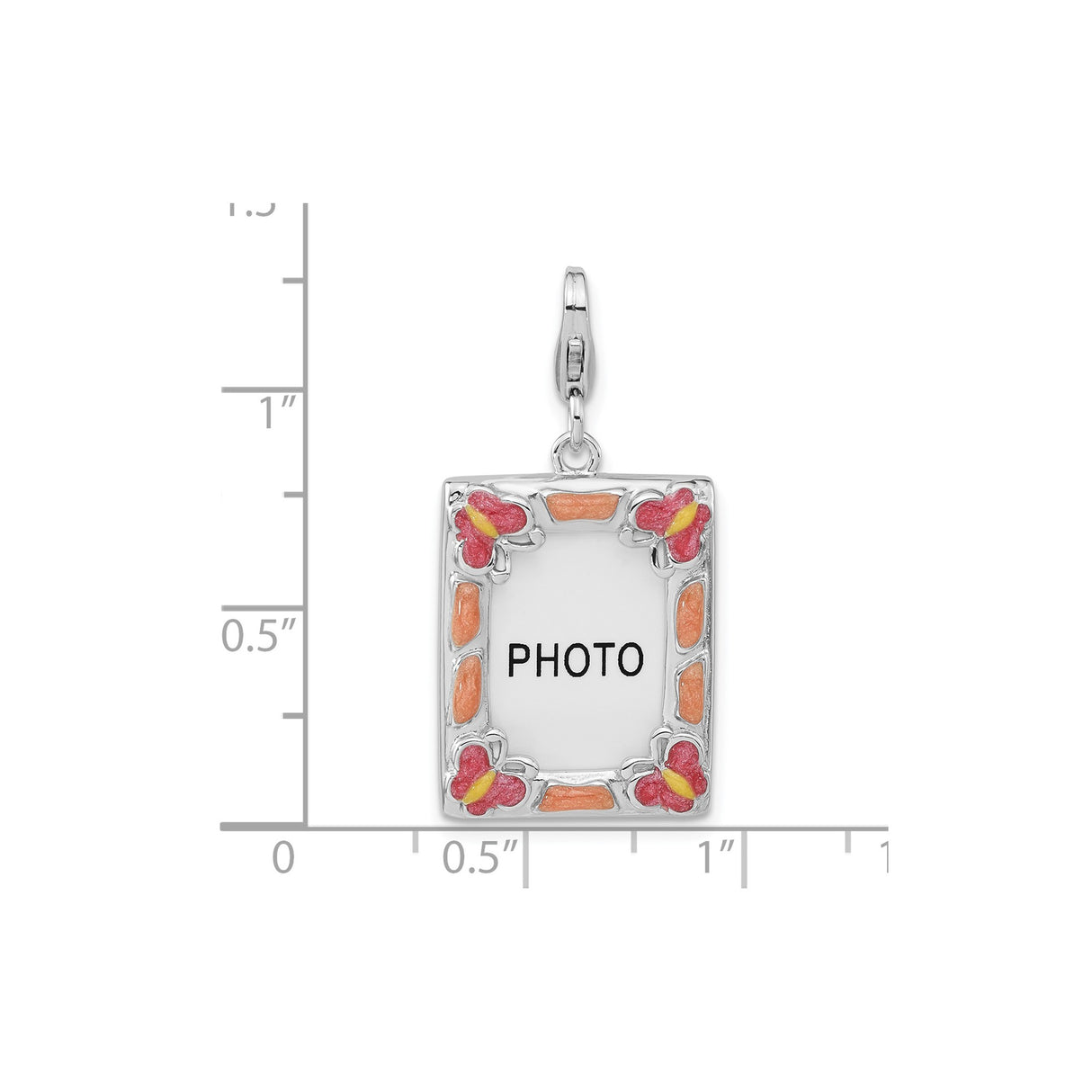 Sterling Silver Photo Frame Pendant with Pink and Orange Enamel Butterflies and Floral Accents