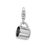 Sterling Silver Teacup Charm Pendant with Floral Engraving and Cubic Zirconia Accents