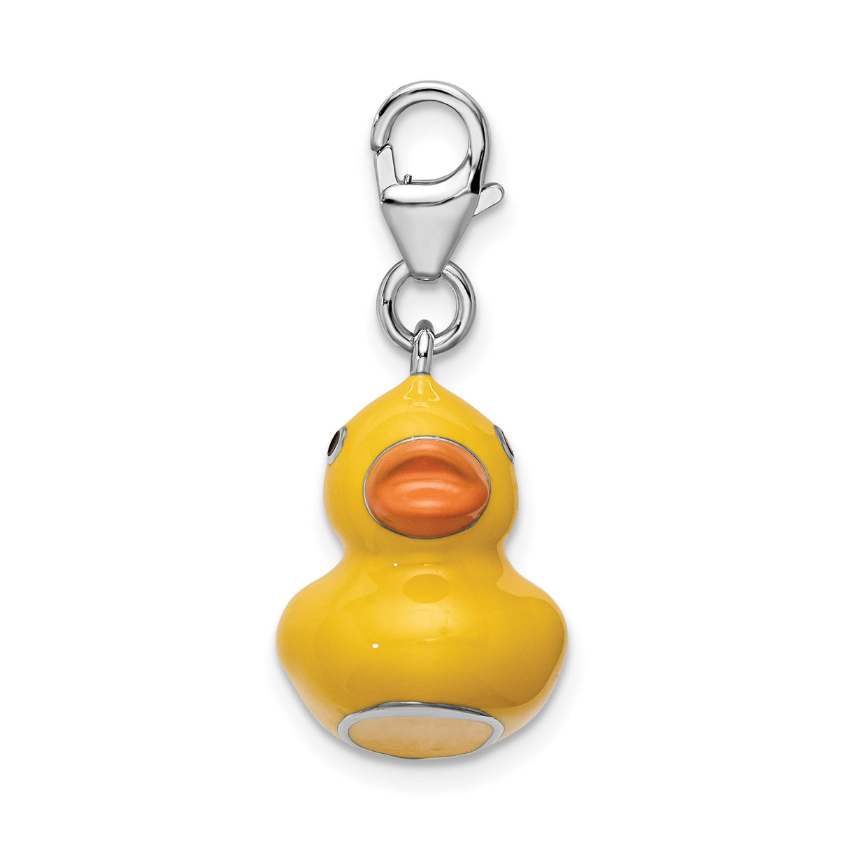 Sterling Silver 3D Yellow Rubber Duck Charm with Orange Beak, Enamel Animal Design