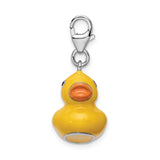 Sterling Silver 3D Yellow Rubber Duck Charm with Orange Beak, Enamel Animal Design
