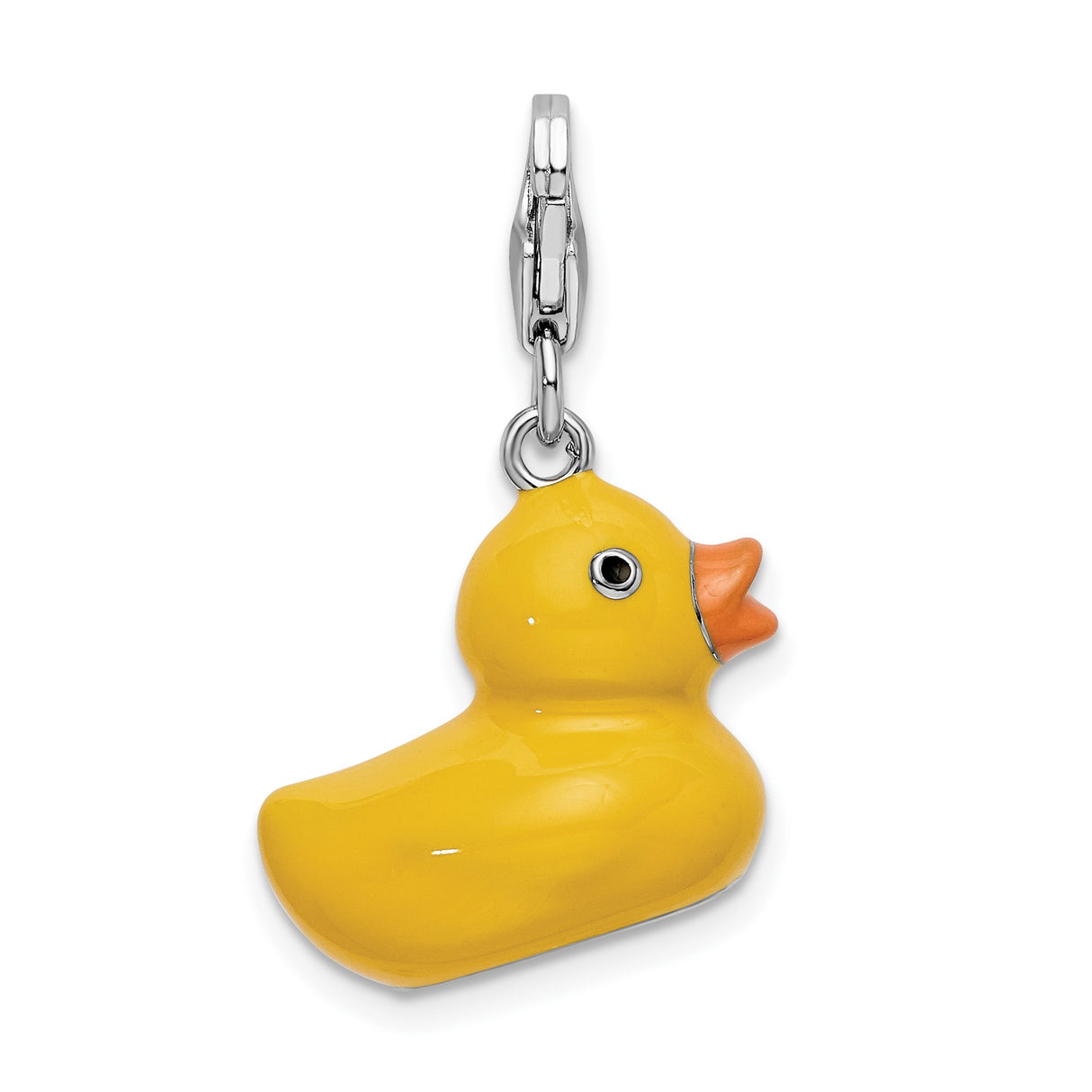Sterling Silver 3D Yellow Rubber Duck Charm with Orange Beak, Enamel Animal Design