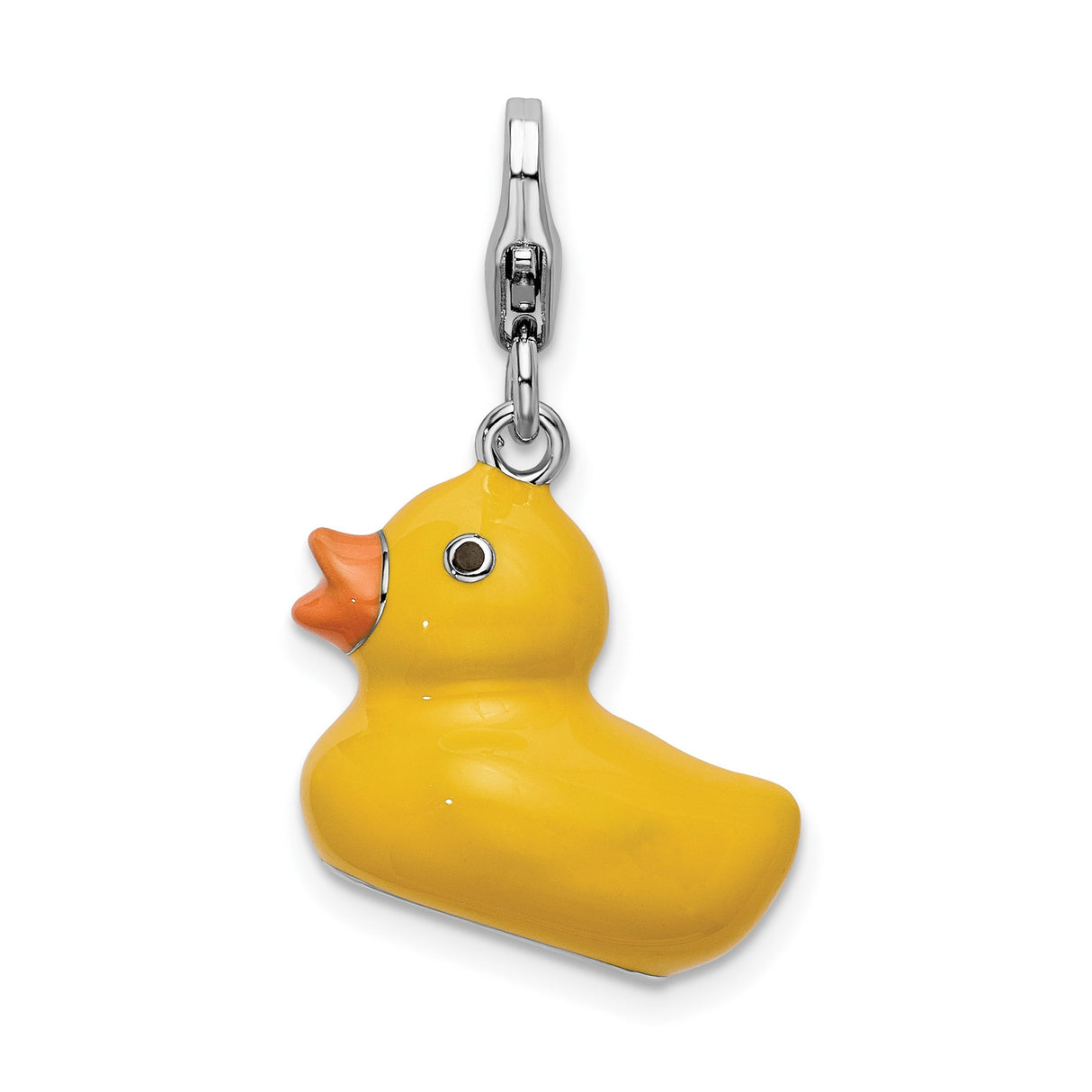 Sterling Silver 3D Yellow Rubber Duck Charm with Orange Beak, Enamel Animal Design