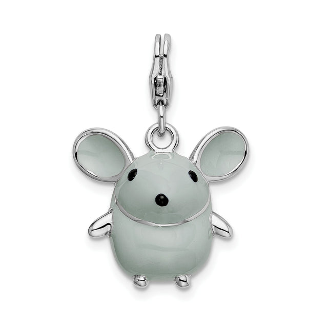Sterling Silver Mouse Pendant Charm with Enamel Detailing, 3D Kawaii Animal Design