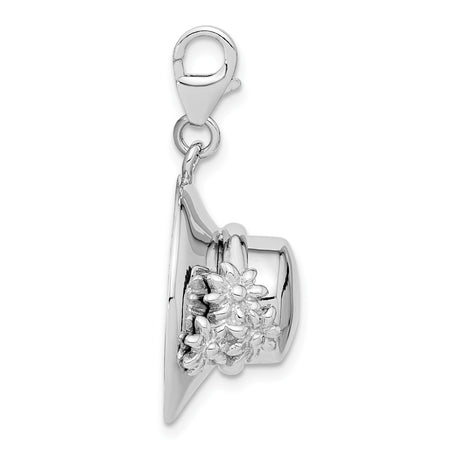 Sterling Silver Hat Pendant with Floral Accents, Vintage Style Charm with Lobster Clasp