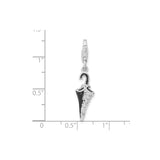 Sterling Silver Umbrella Charm Pendant with Cubic Zirconia and Black Enamel, Clip-On Design