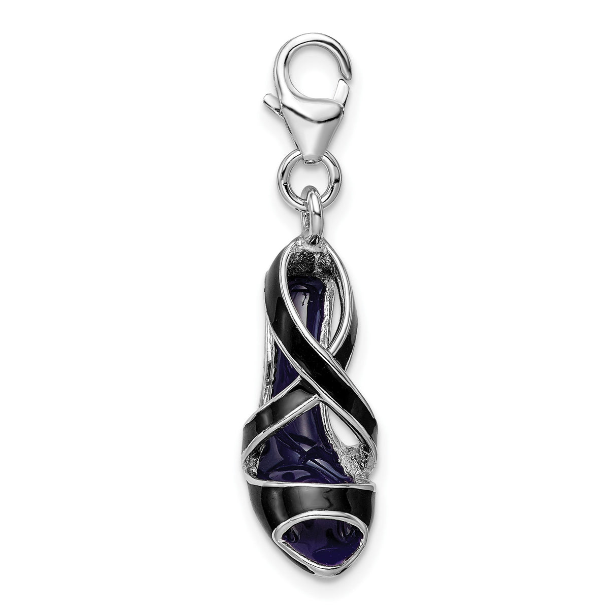 Sterling Silver High Heel Shoe Charm Pendant with Black Enamel and Lobster Clasp
