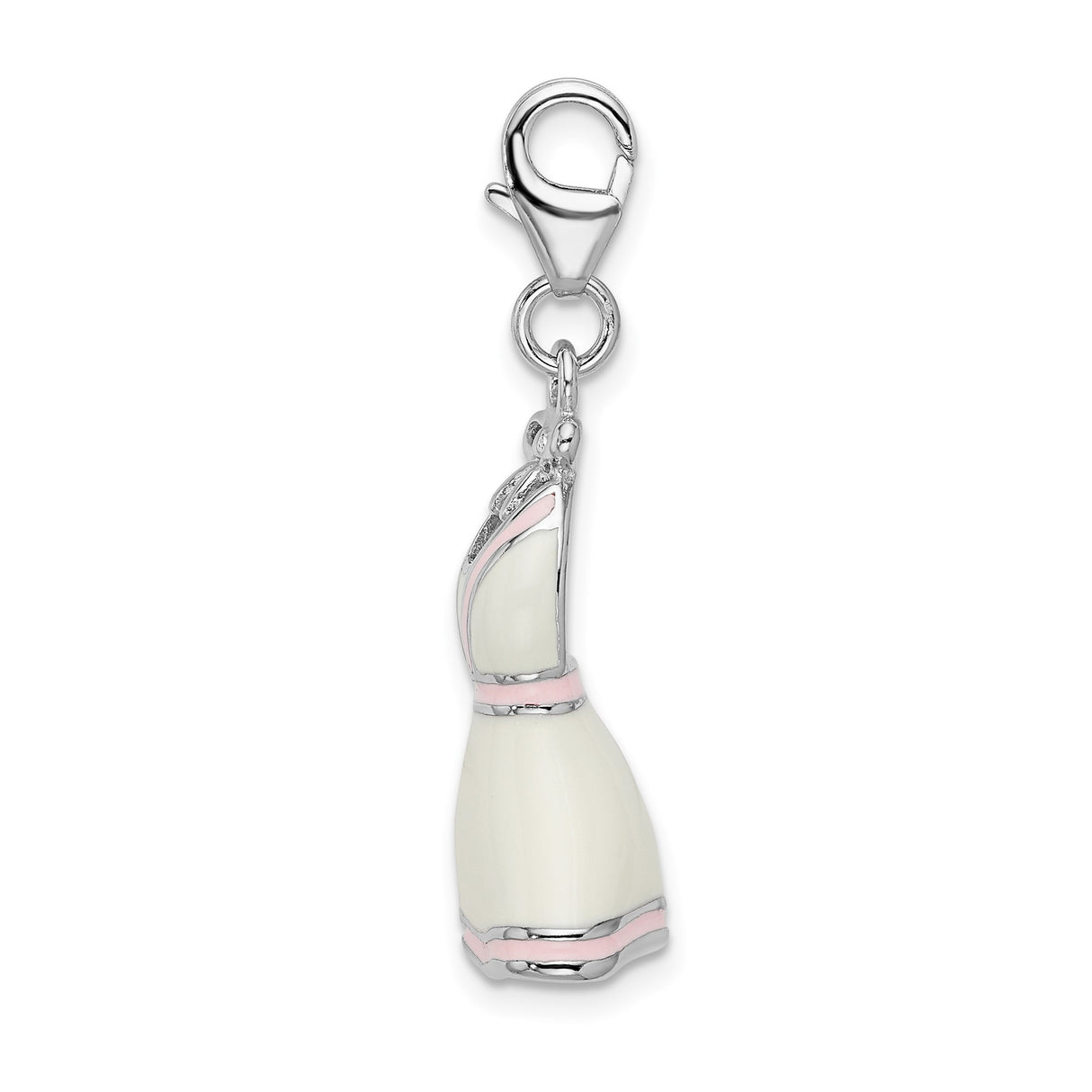 Sterling Silver Dress Charm Pendant with Pink and White Enamel Bow, Lobster Clasp, Feminine Novelty Style