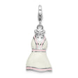 Sterling Silver Dress Charm Pendant with Pink and White Enamel Bow, Lobster Clasp, Feminine Novelty Style