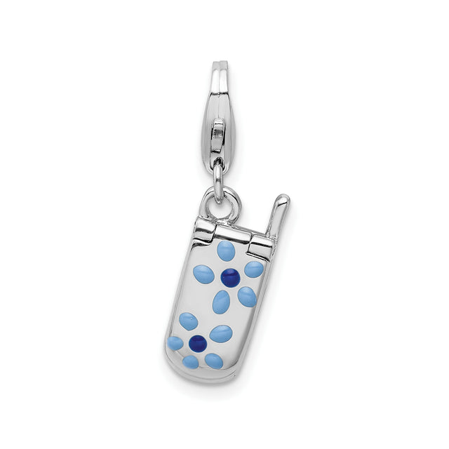 Sterling Silver Flip Phone Charm Pendant with Blue Enamel Flower, Retro Y2K Style Jewelry
