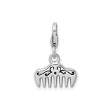 Sterling Silver Comb Charm Pendant with Crystal and Black Scroll Detailing