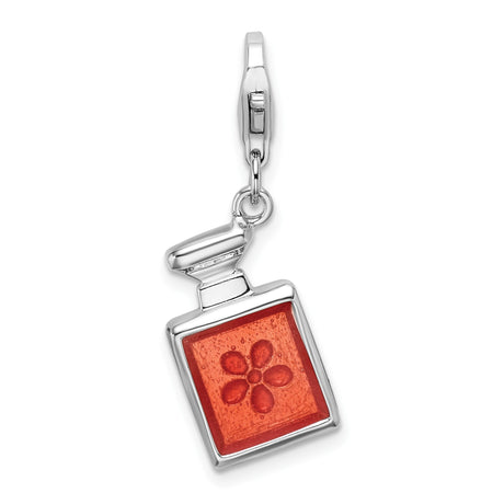 Sterling Silver Perfume Bottle Charm Pendant with Red Enamel and Floral Design, Vintage Style