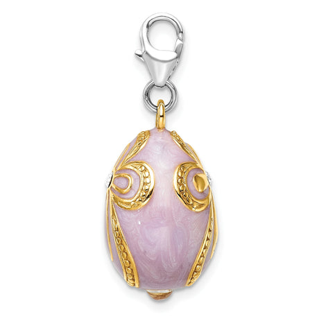 Sterling Silver Egg Shaped Pendant with Crystal, Lavender Enamel and Cross Design for Women