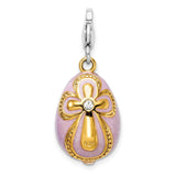 Sterling Silver Egg Shaped Pendant with Crystal, Lavender Enamel and Cross Design for Women