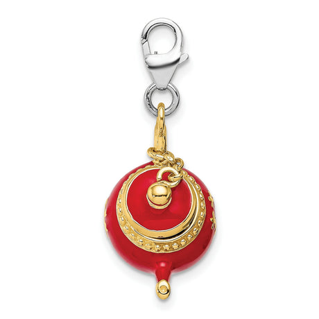 Red Tea Pot Clip-On Charm Pendant in Real 925 Sterling Silver
