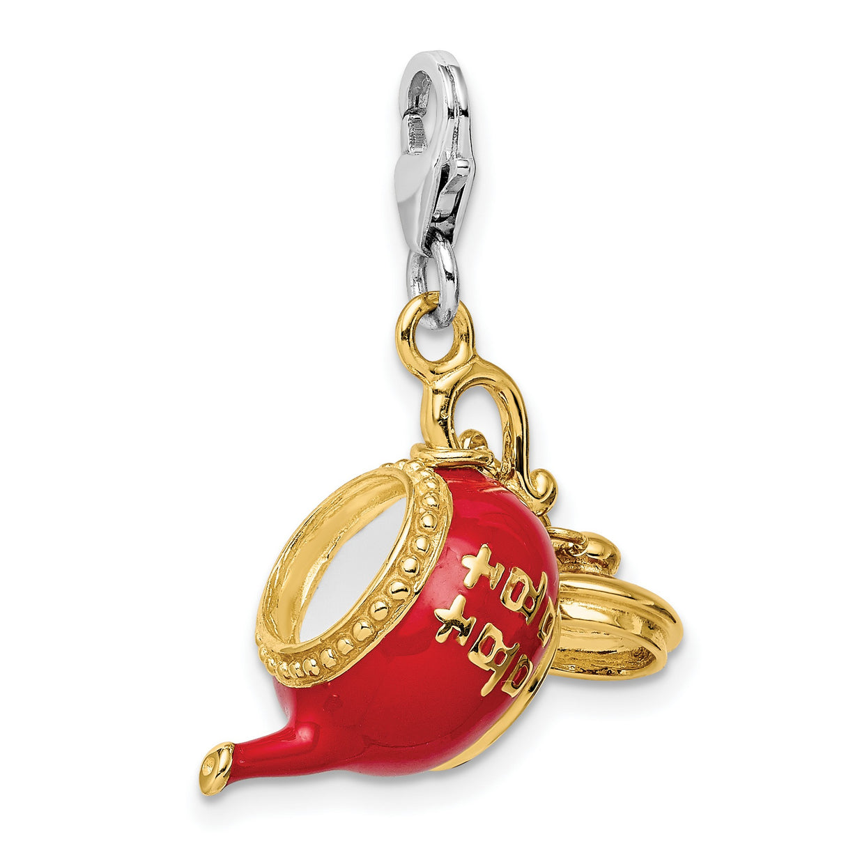 Red Tea Pot Clip-On Charm Pendant in Real 925 Sterling Silver
