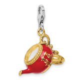 Red Tea Pot Clip-On Charm Pendant in Real 925 Sterling Silver