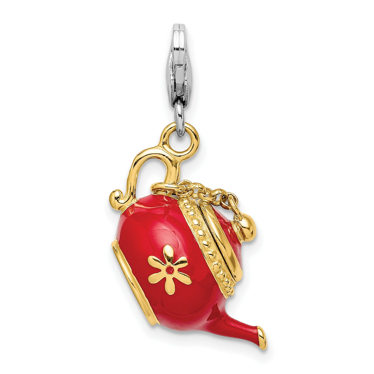 Red Tea Pot Clip-On Charm Pendant in Real 925 Sterling Silver