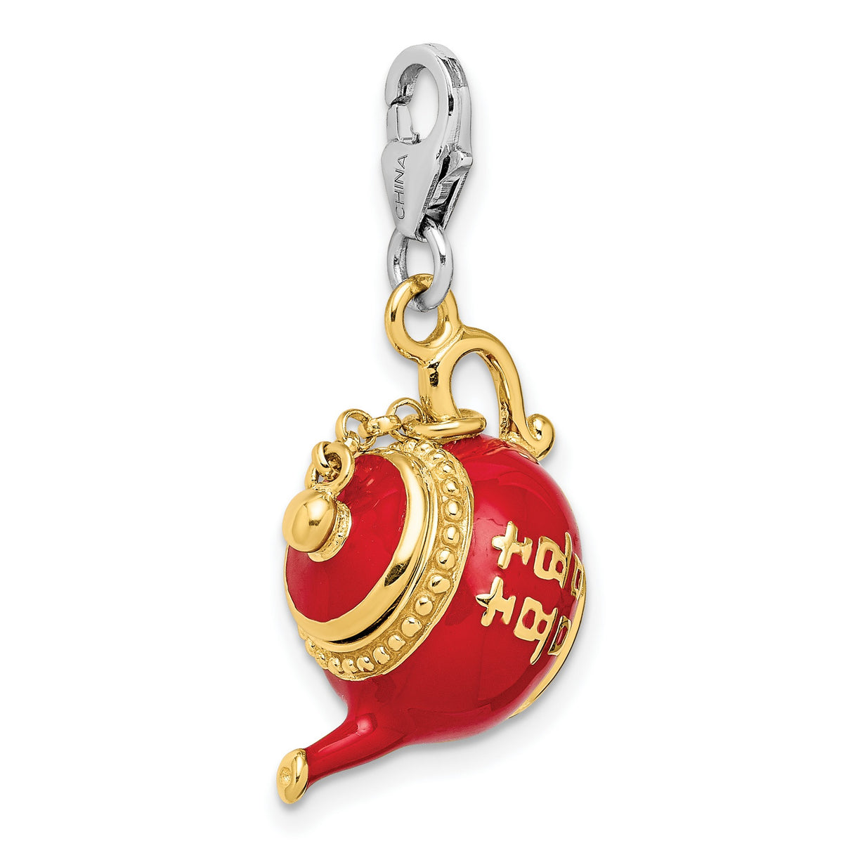 Red Tea Pot Clip-On Charm Pendant in Real 925 Sterling Silver