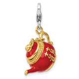 Red Tea Pot Clip-On Charm Pendant in Real 925 Sterling Silver