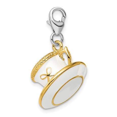 White Cup Saucer Clip-On Charm Pendant in Real 925 Sterling Silver