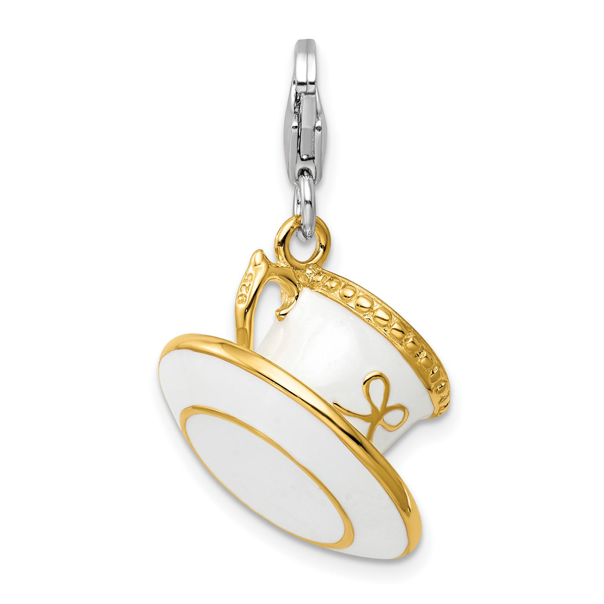 White Cup Saucer Clip-On Charm Pendant in Real 925 Sterling Silver