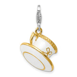White Cup Saucer Clip-On Charm Pendant in Real 925 Sterling Silver