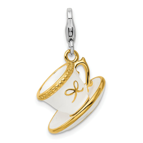 White Cup Saucer Clip-On Charm Pendant in Real 925 Sterling Silver