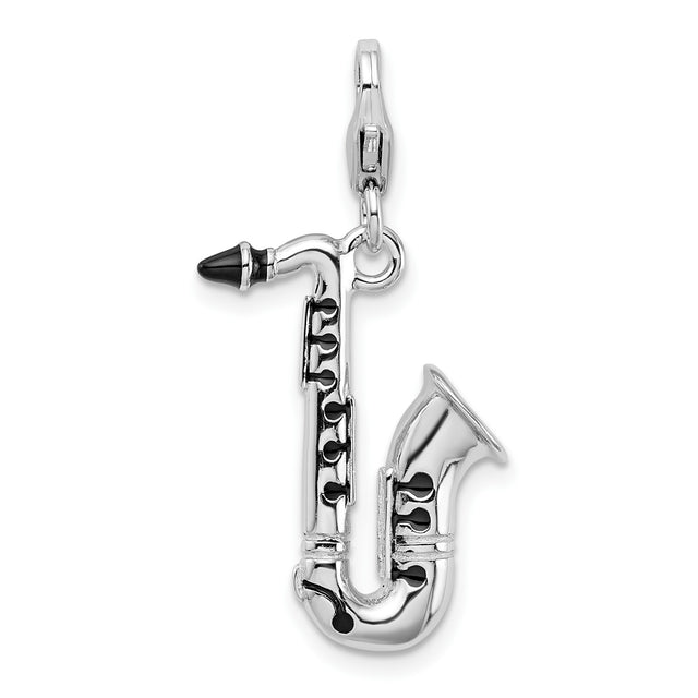 Sterling Silver Saxophone Pendant with Black Enamel, 3D Jazz Musical Instrument Charm